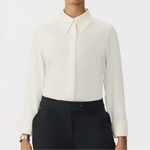 GSTQ‎ Cream Collared Full Zip-Up Lyocell Long Sleeve Blouse Dress Shirt Size XS